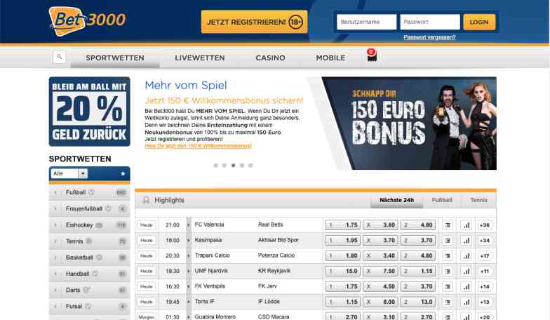 Bet3000 Bonus - Sportwetten Wettanbieter Webseite